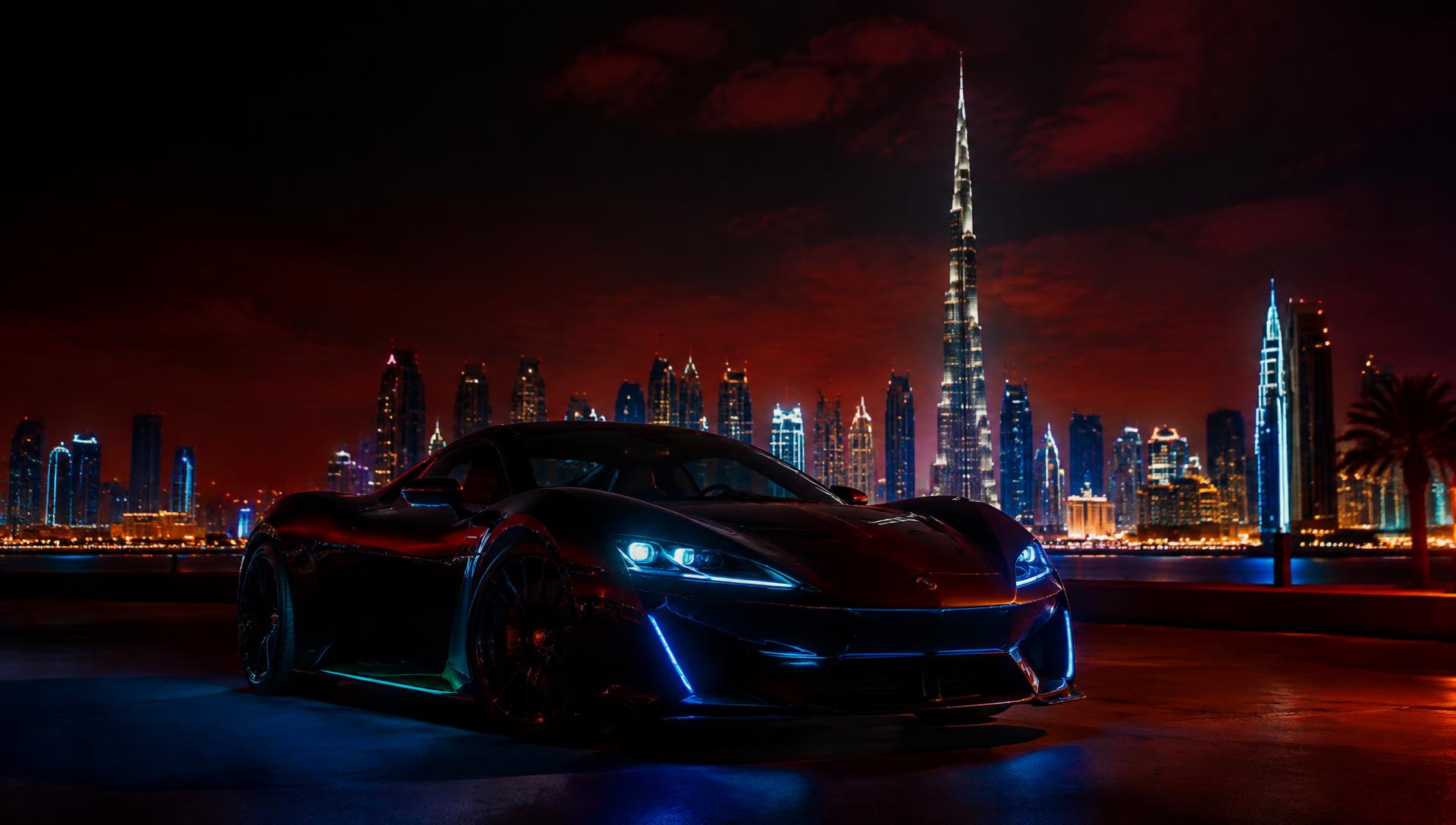Supercar in front of the Dubai skyline